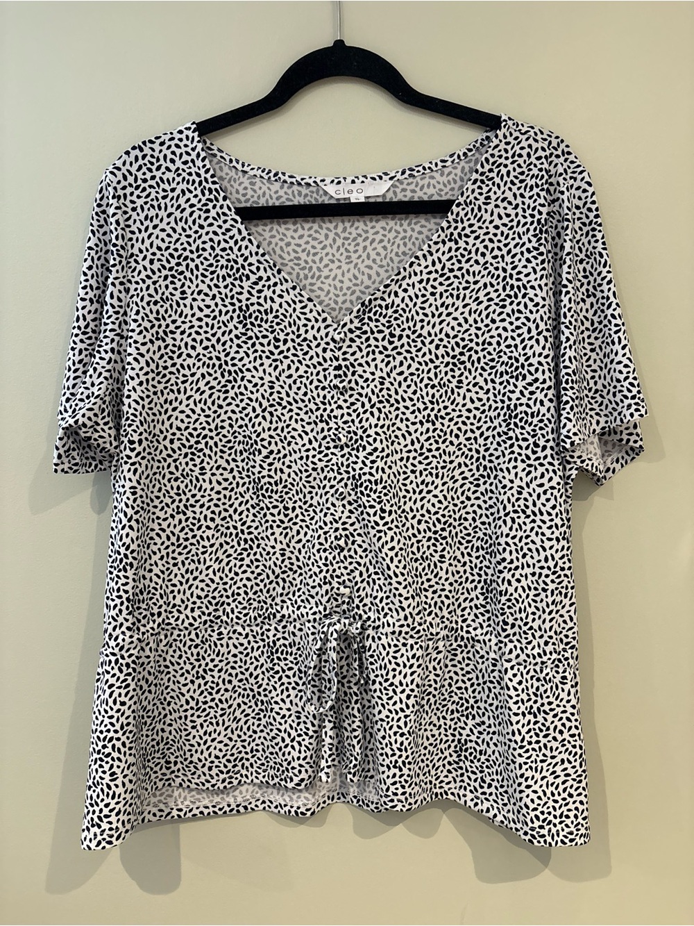 cleo Black & White V-Neck Short Sleeve Peplum Top with Front Tie